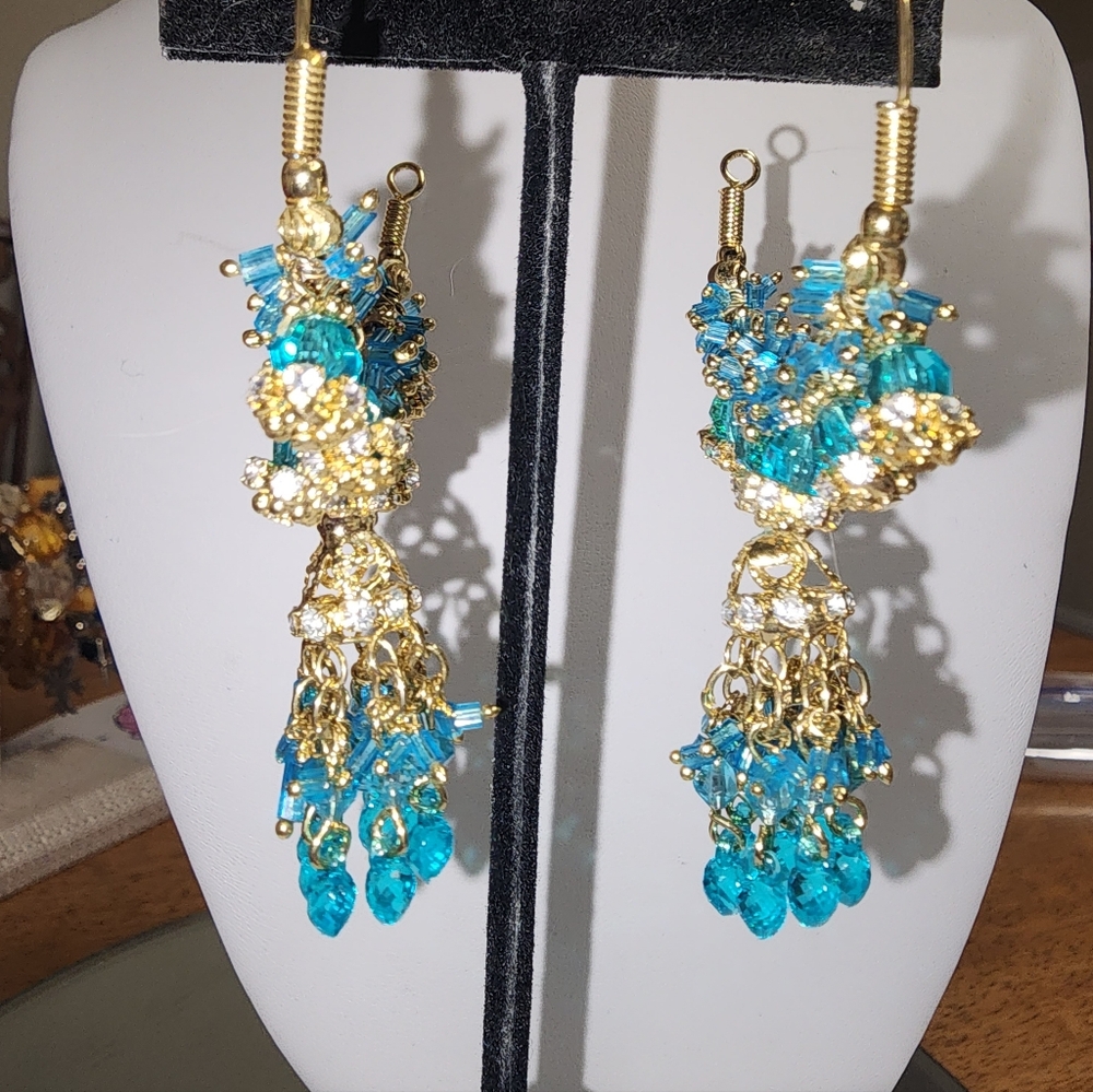 Jhumpka Blue Beaded and Goldtone Dangle Hoop Pierced Earrings - Picture 3 of 5
